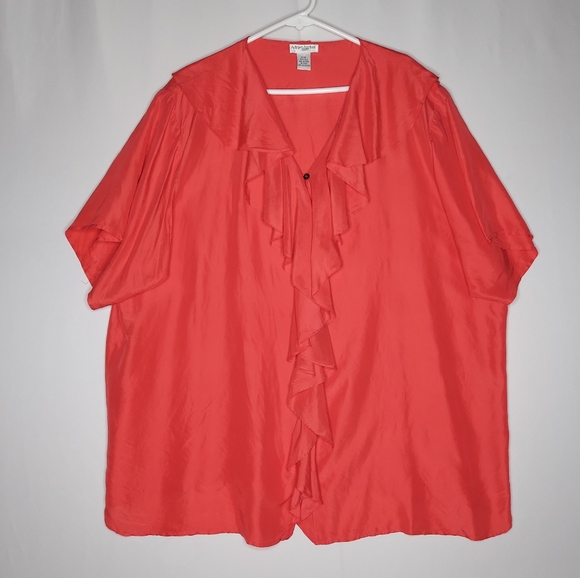 Adrian Jordan Silk Top 22 24 Ruffle Vneck Button Short Sleeve Satin Blouse Vtg - Picture 1 of 7